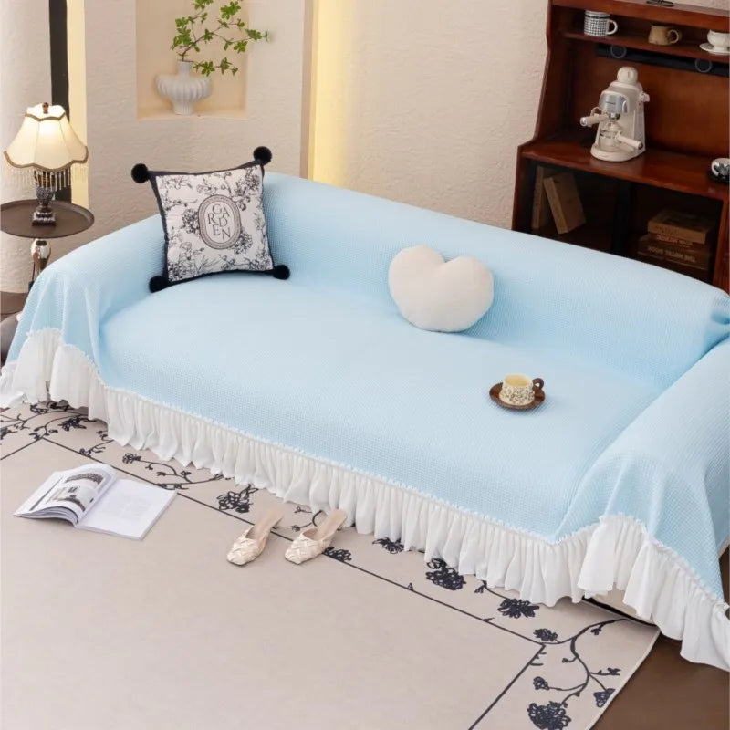 2024 French Country Sofa Cover Patchwork Stretchable Couch Protector Vintage Solid Color Cool Decor Throw Blanket Pleated lace